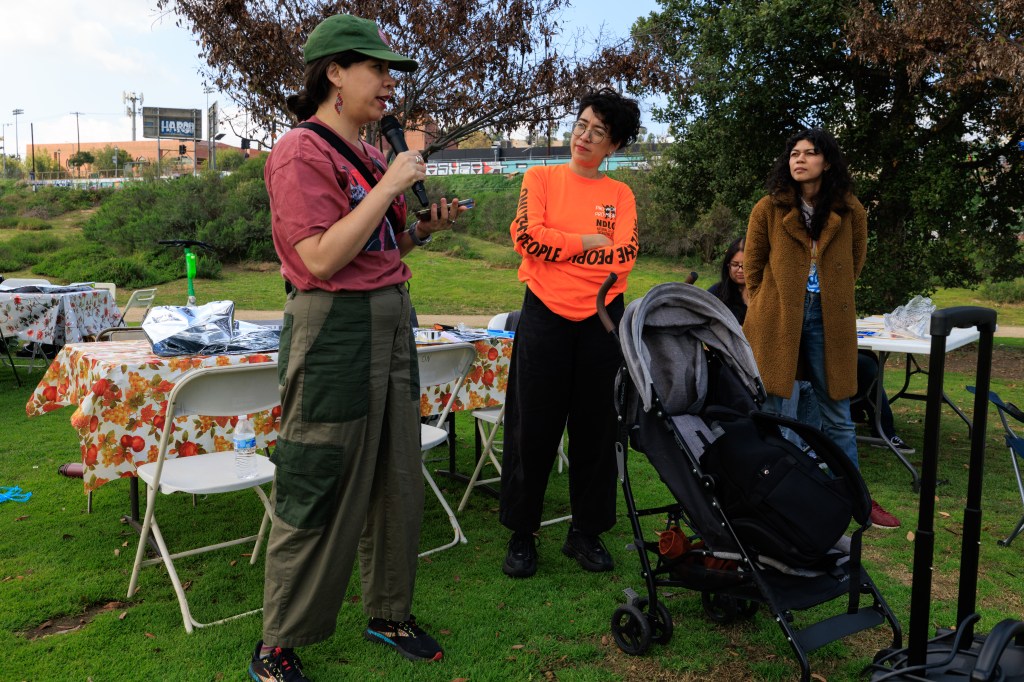 A woman speaking into a microphone, wearing a pink shirt and green pants, stands in a park surrounded by two other women. One woman in an orange shirt looks engaged, while the other in a brown coat listens attentively. A stroller is nearby, and tables with floral tablecloths are set up in the background.